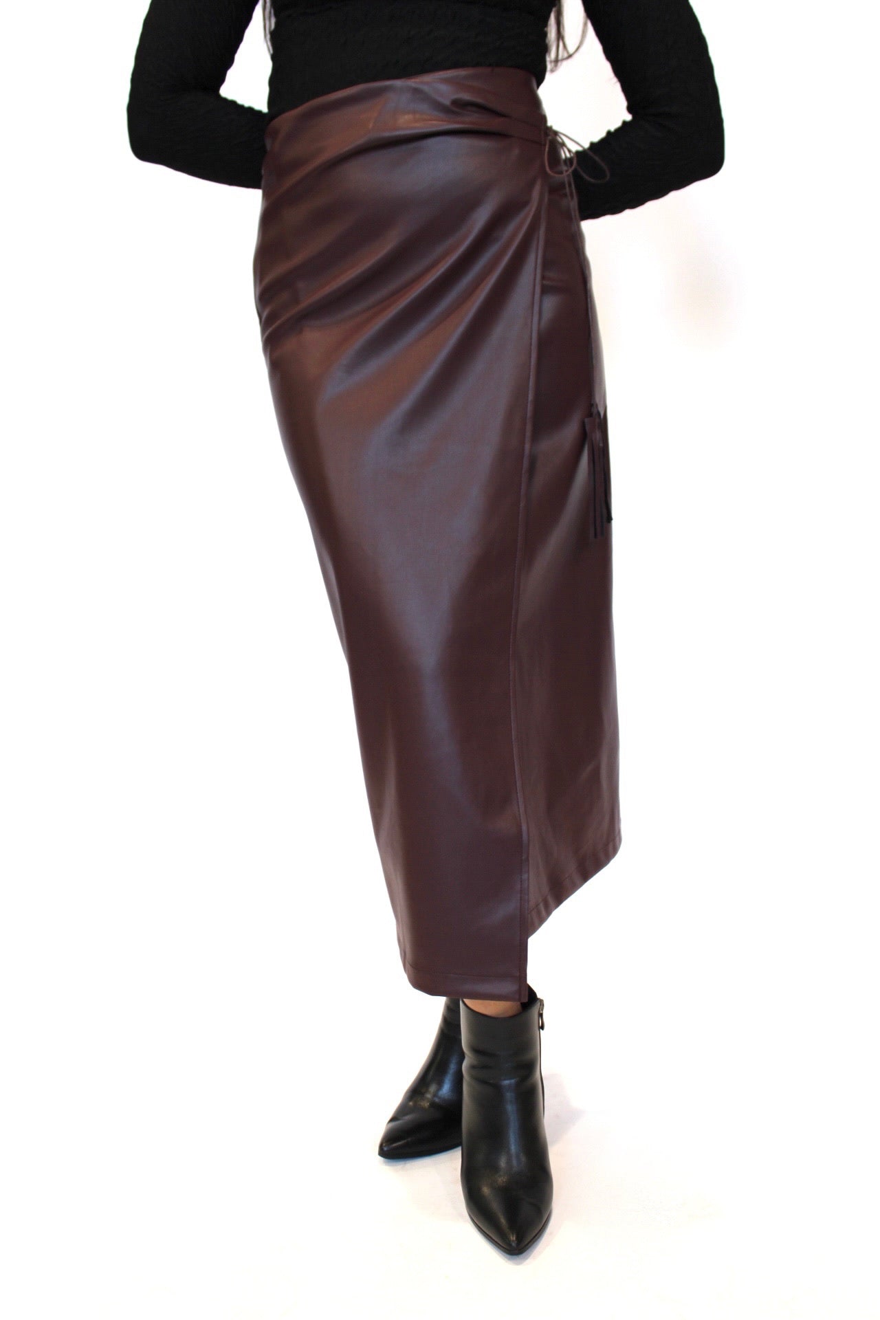 Wrapped Vegan Leather Midi Skirt