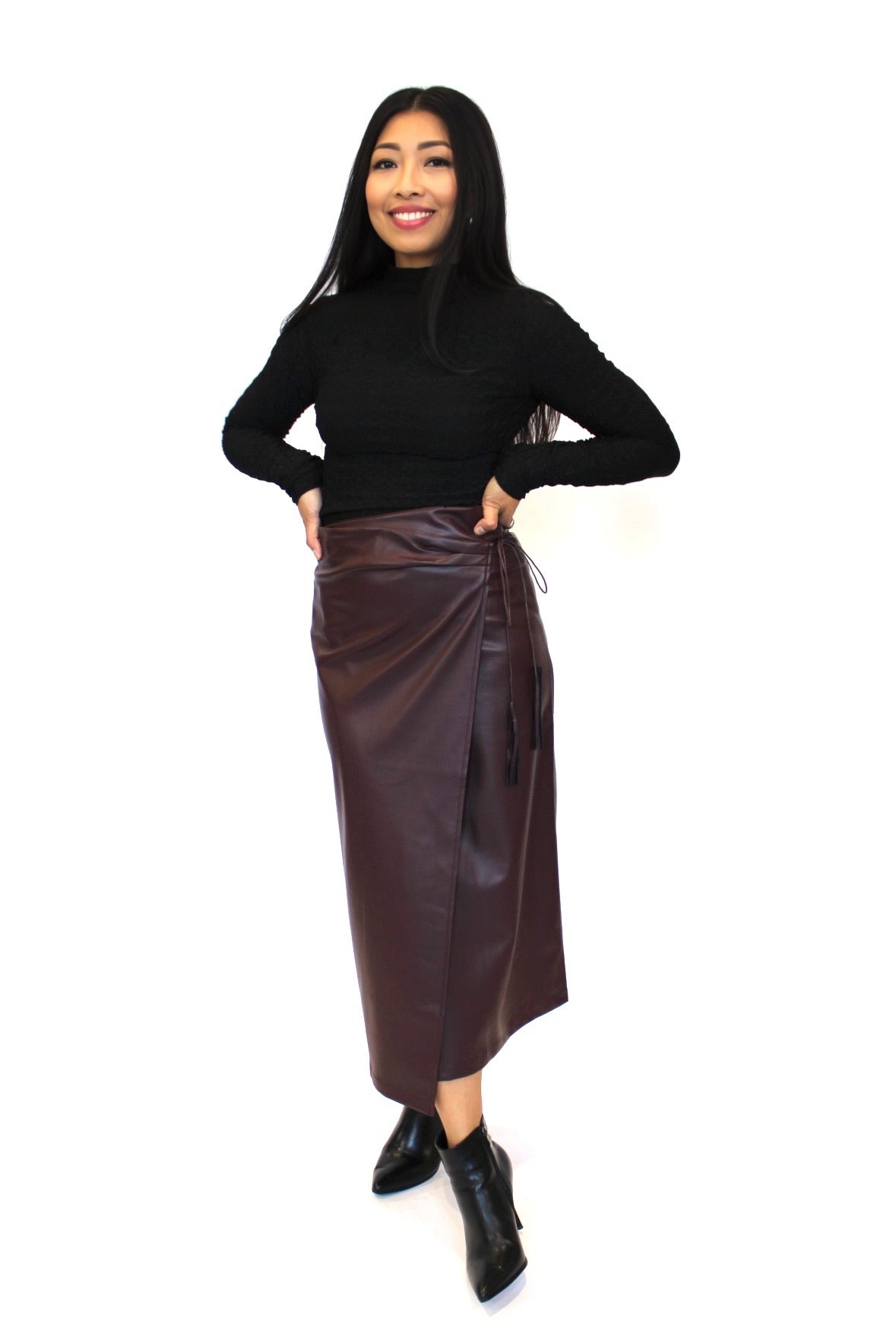 Wrapped Vegan Leather Midi Skirt