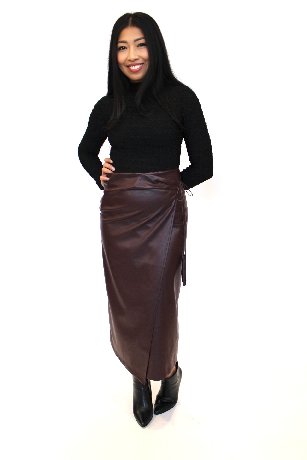 Wrapped Vegan Leather Midi Skirt