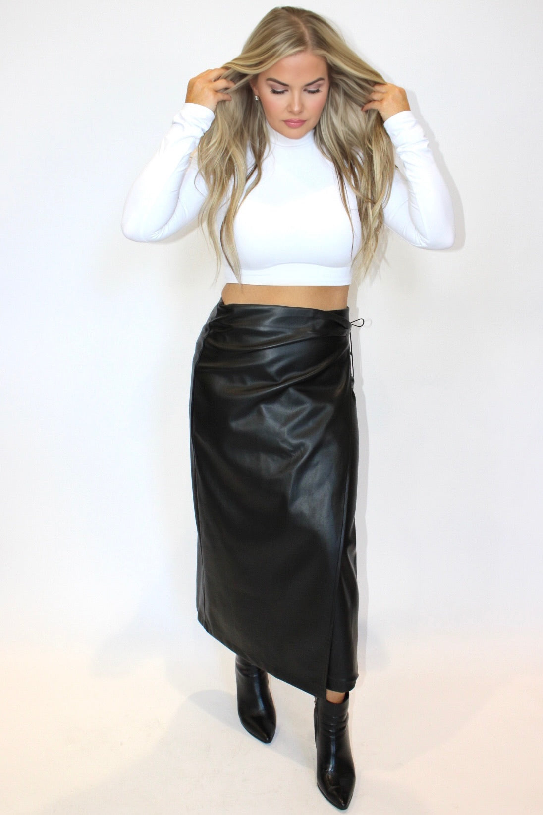 Wrapped Vegan Leather Midi Skirt