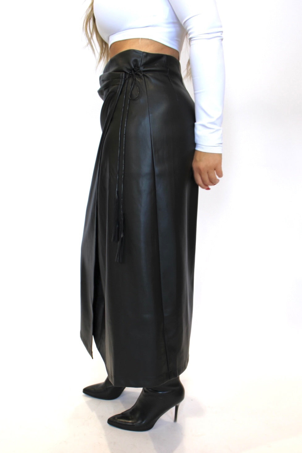 Wrapped Vegan Leather Midi Skirt