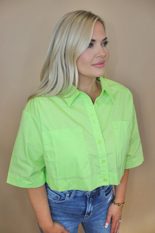 Chartreuse Button Down Crop