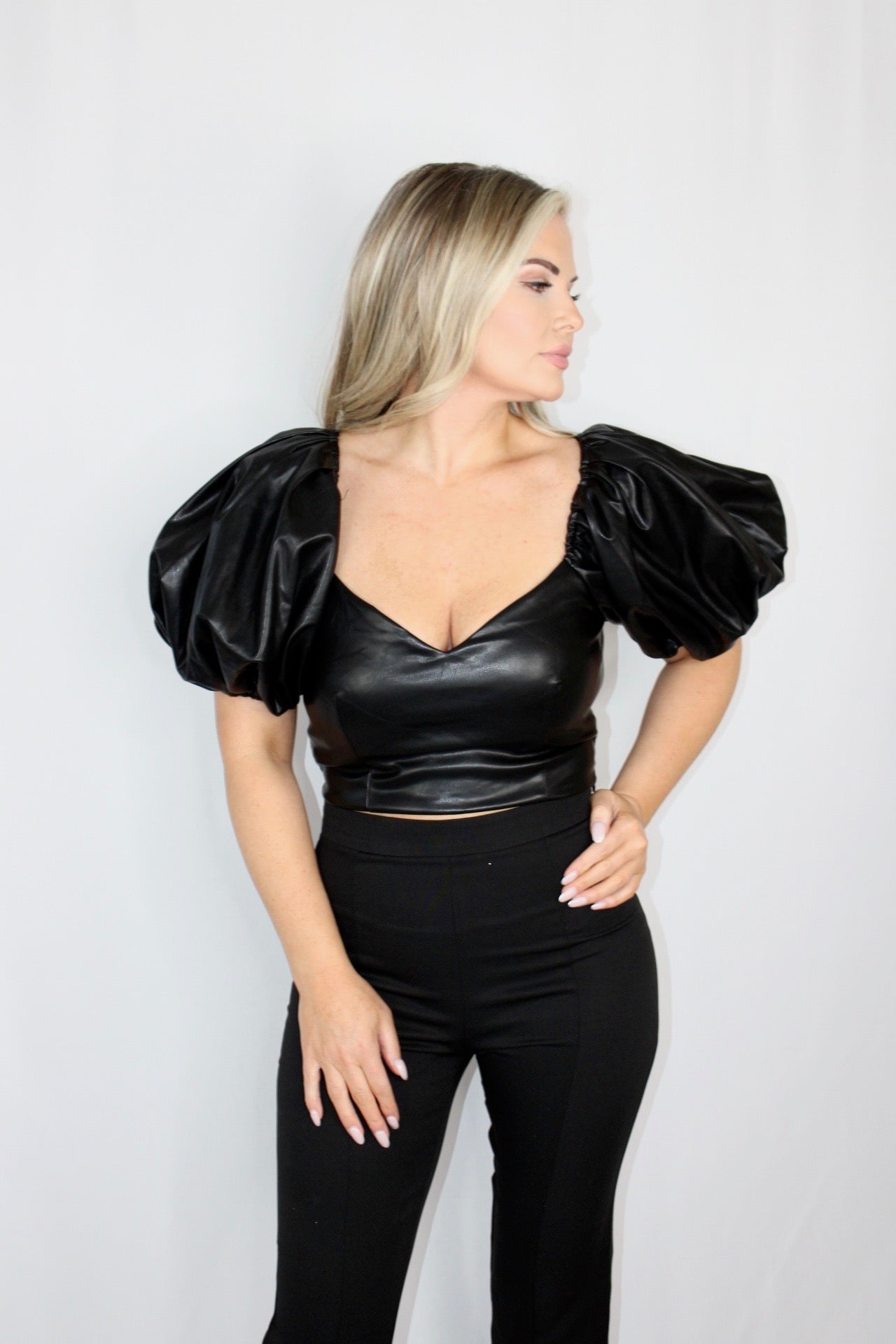 Olivia Faux leather Puff Sleeve Crop Top